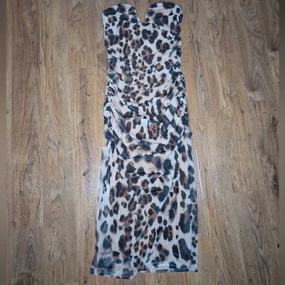 Dynamite Strapless Leopard Print Midi Dress in Brown and Black - Picture 3 of 6